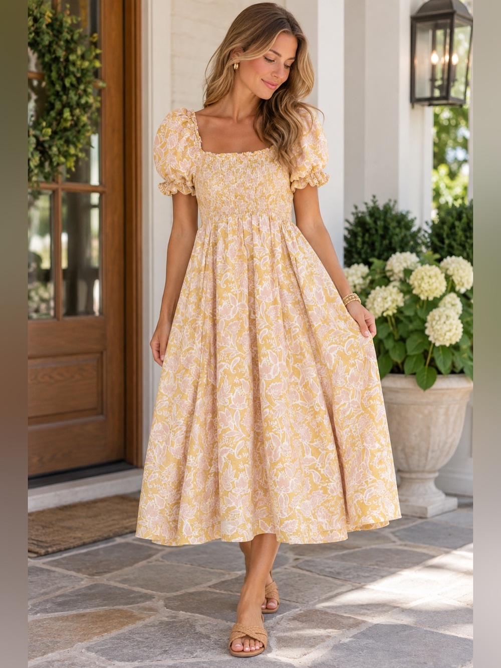 Floral Smocked Puff Sleeve Midi Dress Yellow Pink Size 16/18 Cottagecore